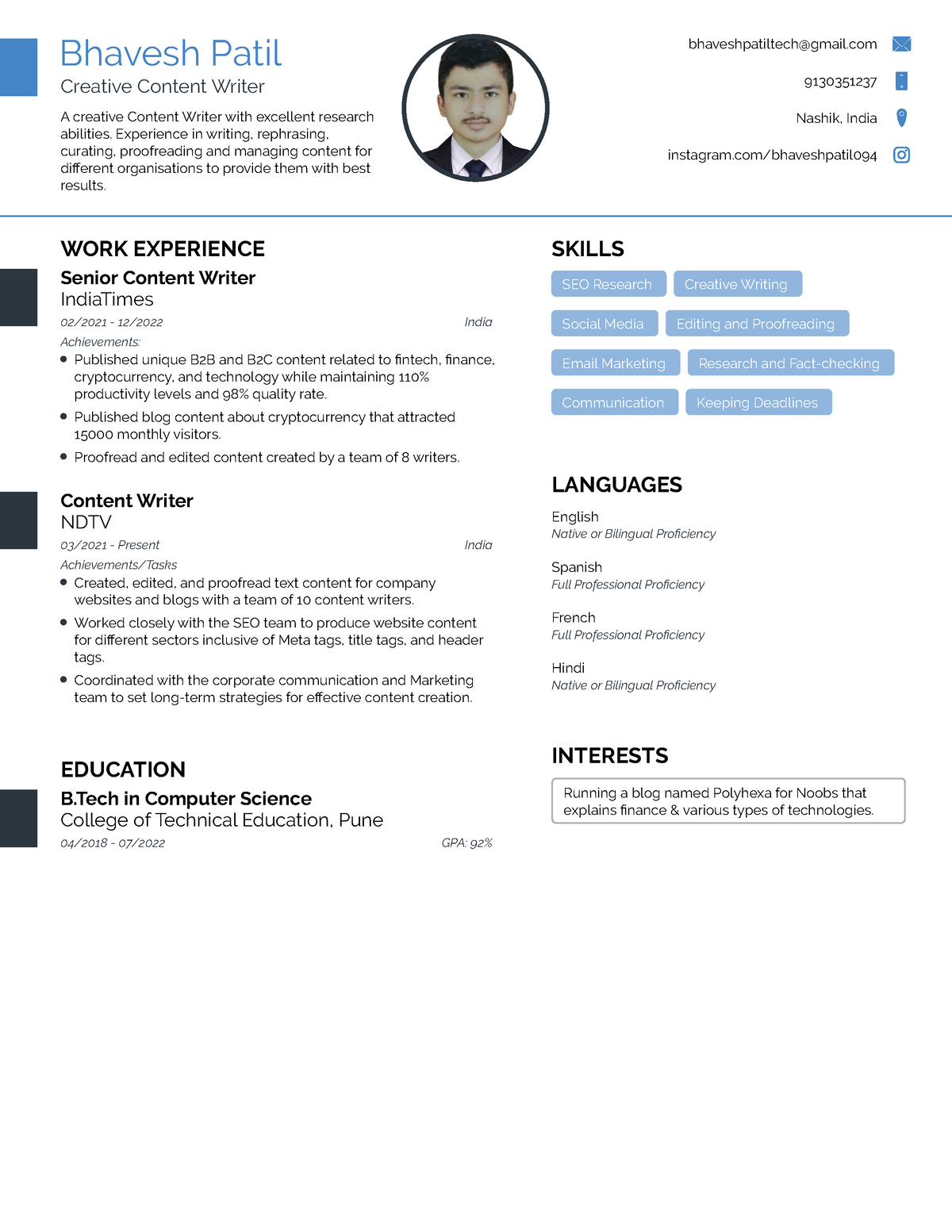 Bhavesh's Resume - Bhavesh Patil Creative Content Writer A creative ...