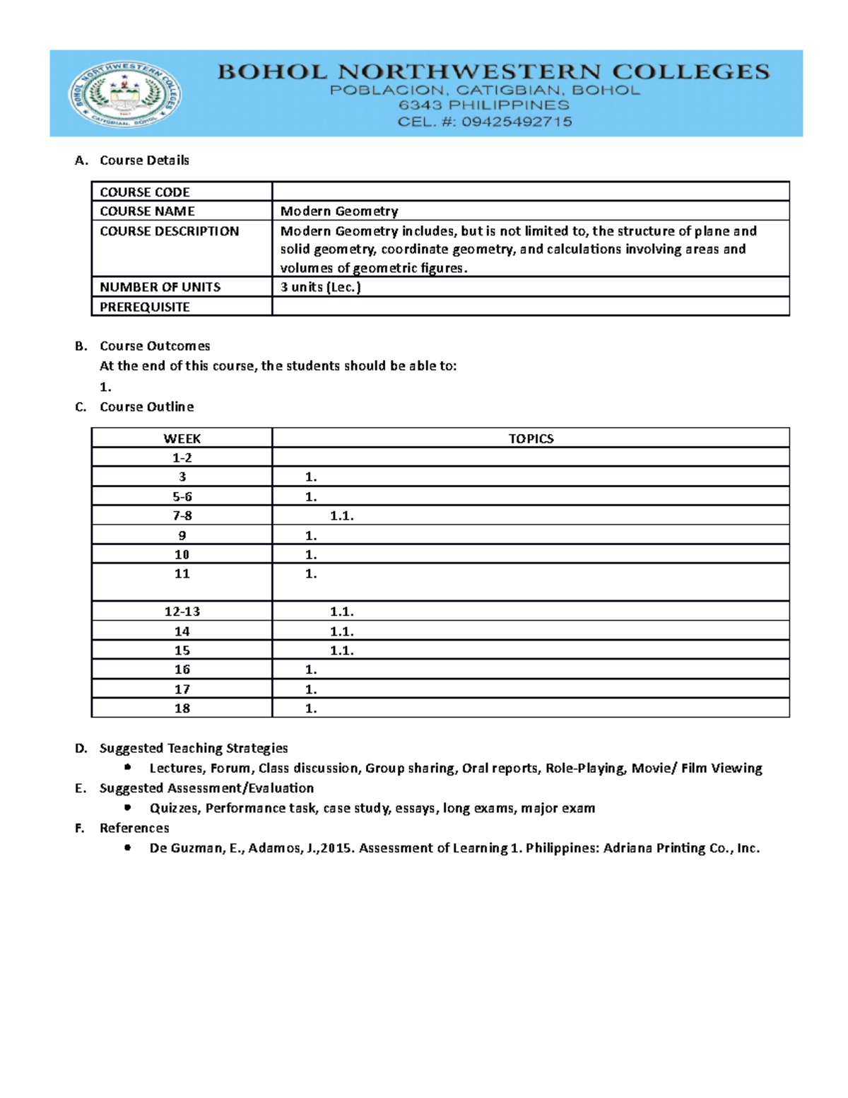 Modern Geometry - For Reference - A. Course Details COURSE CODE COURSE ...