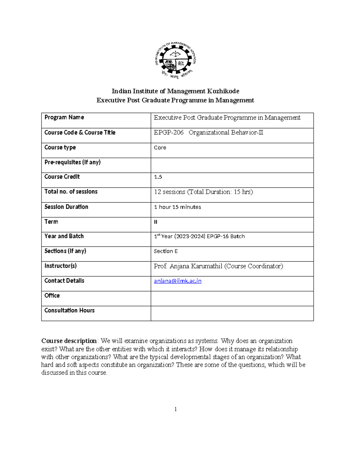 OB II course outline - adadda - Indian Institute of Management ...