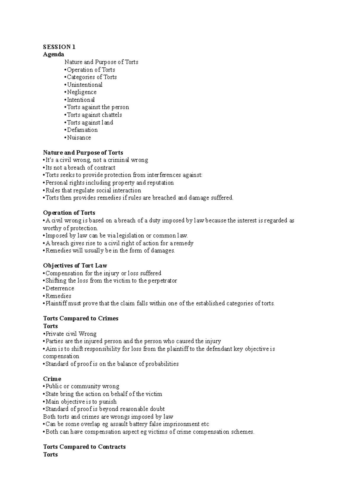Torts - Exam - Notes - SESSION 1 Agenda Nature and Purpose of Torts ...