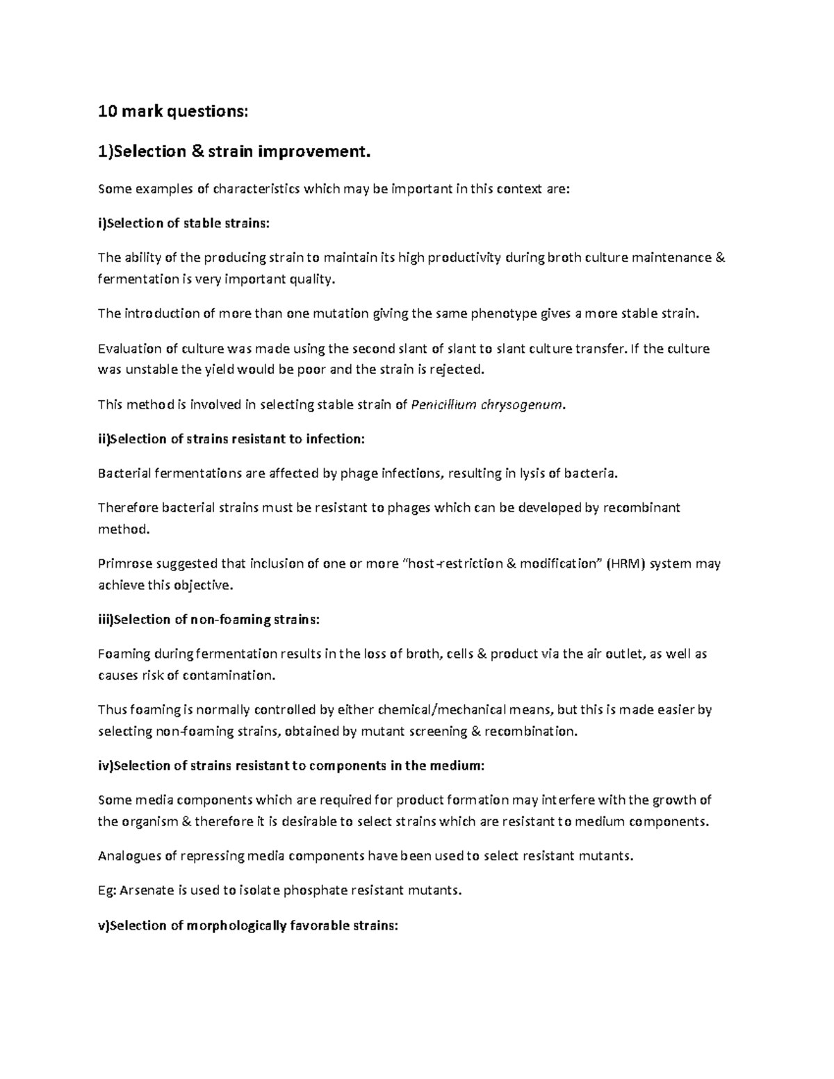 EXAM Questionson Bioprocess - 10 mark questions: 1)Selection & strain ...