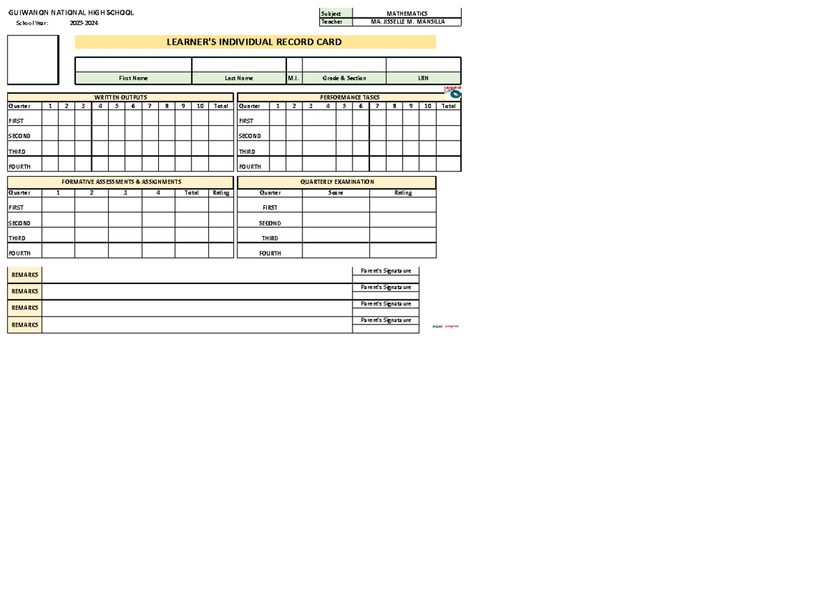 Learners Individual Record CARD Excel - GUIWANON NATIONAL HIGH SCHOOL ...