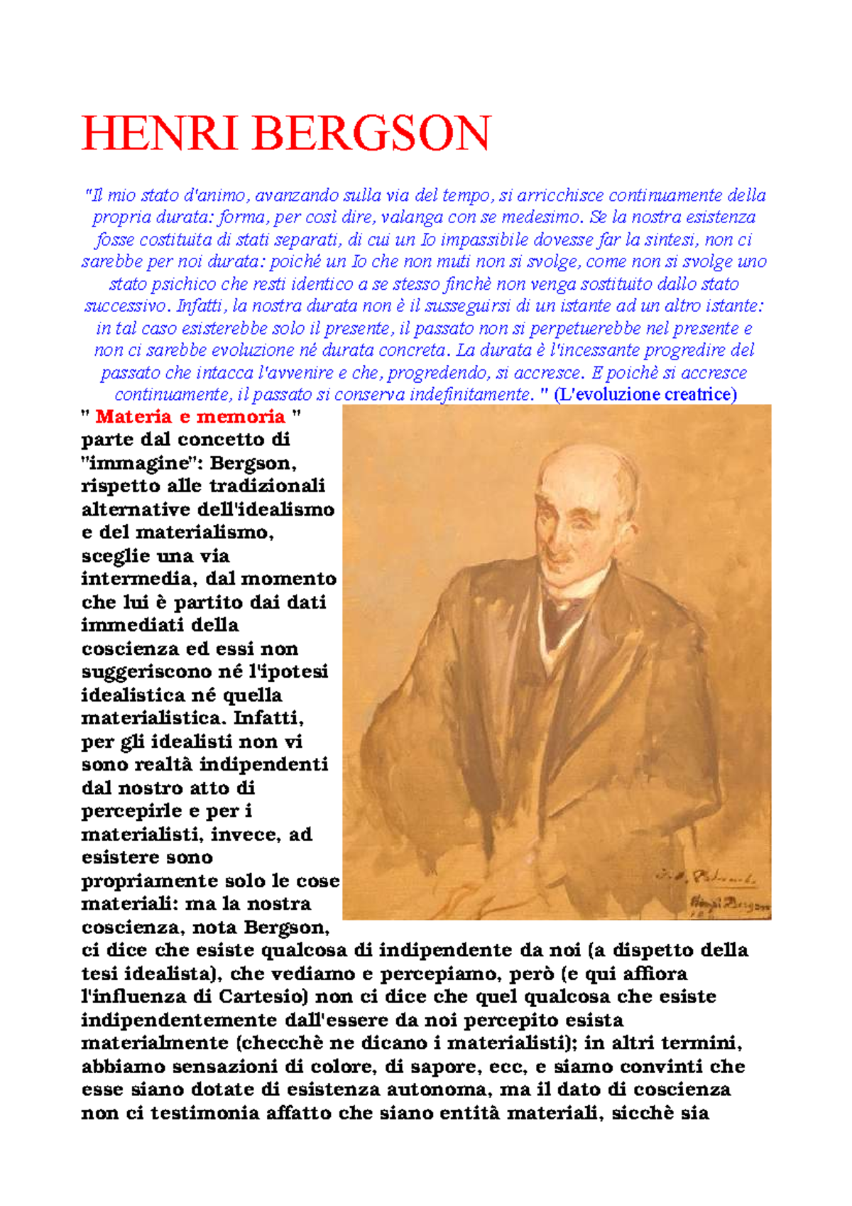 Henri Bergson - Appunti - HENRI BERGSON "Il Mio Stato D'animo ...