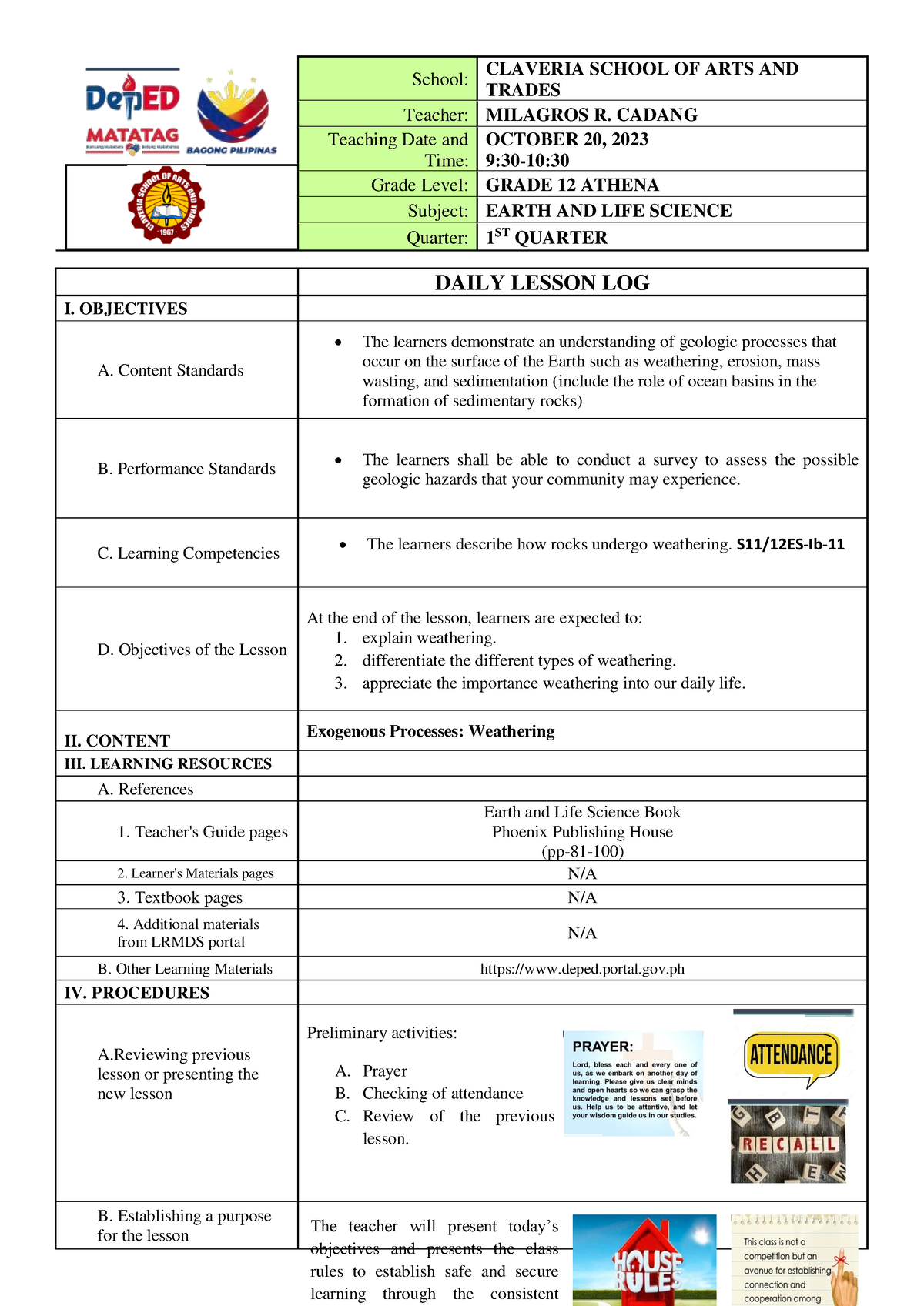 MILA DLL DEMO - LESSON PLAN IN WEATHERING - School: CLAVERIA SCHOOL OF ...