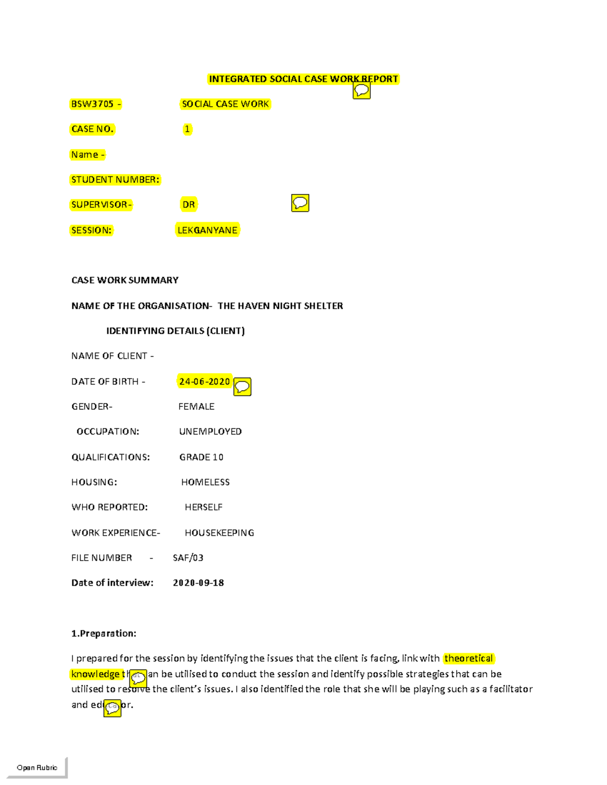 Marked Report FOR BSW3705 CASE WORK NO 1 - INTEGRATED SOCIAL CASE WORK ...