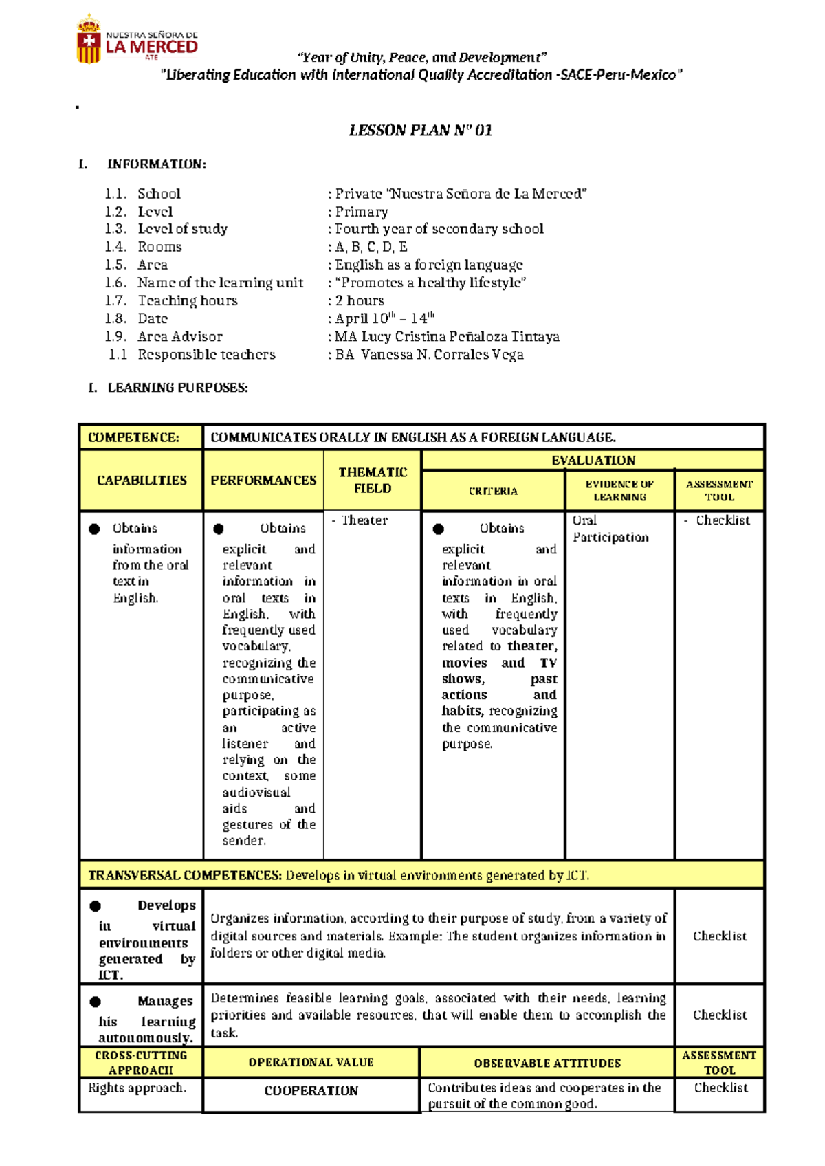 I TERM Lesson PLAN 1 UNIT 02 5TH Grade Corrales - 