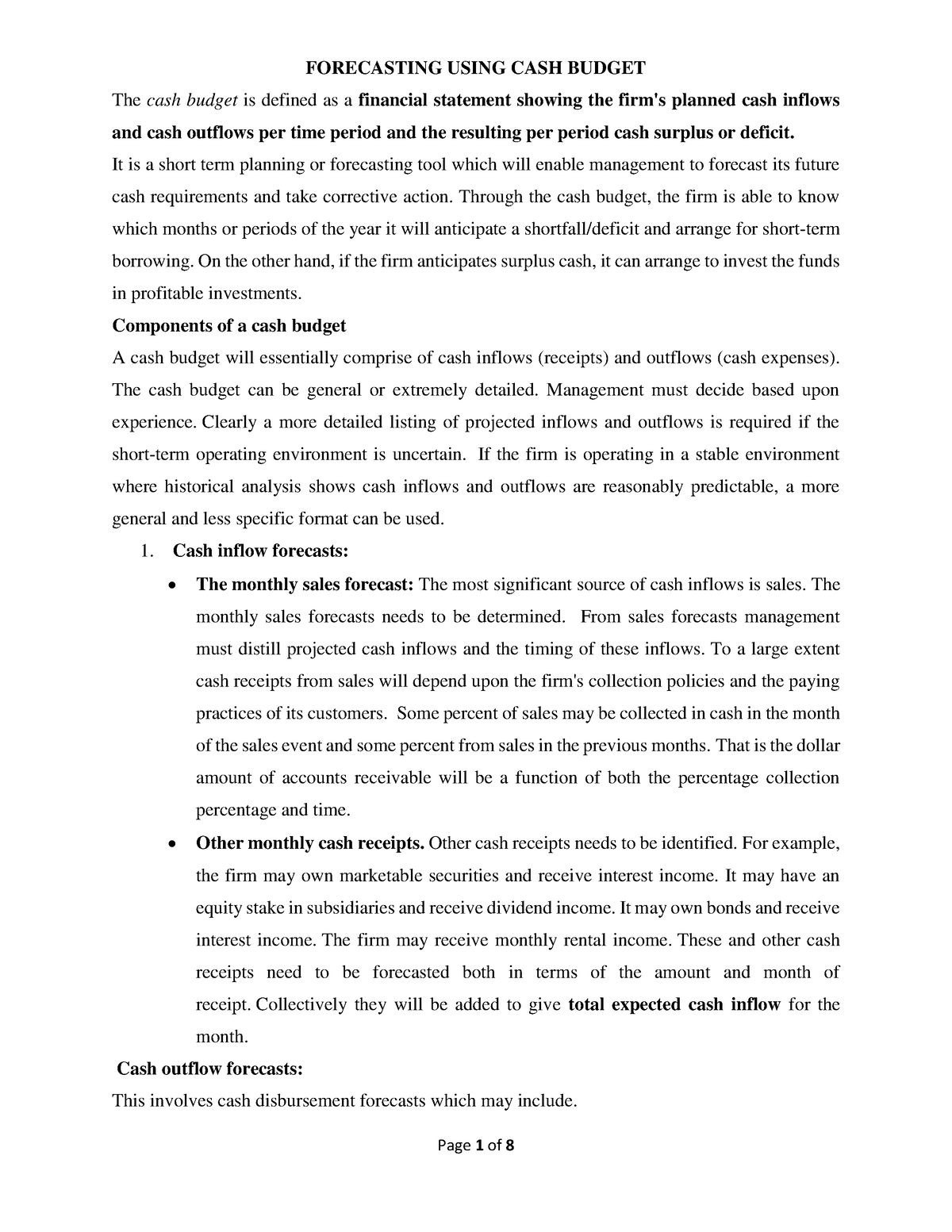 Forecasting Using CASH Budget - FORECASTING USING CASH BUDGET The cash ...