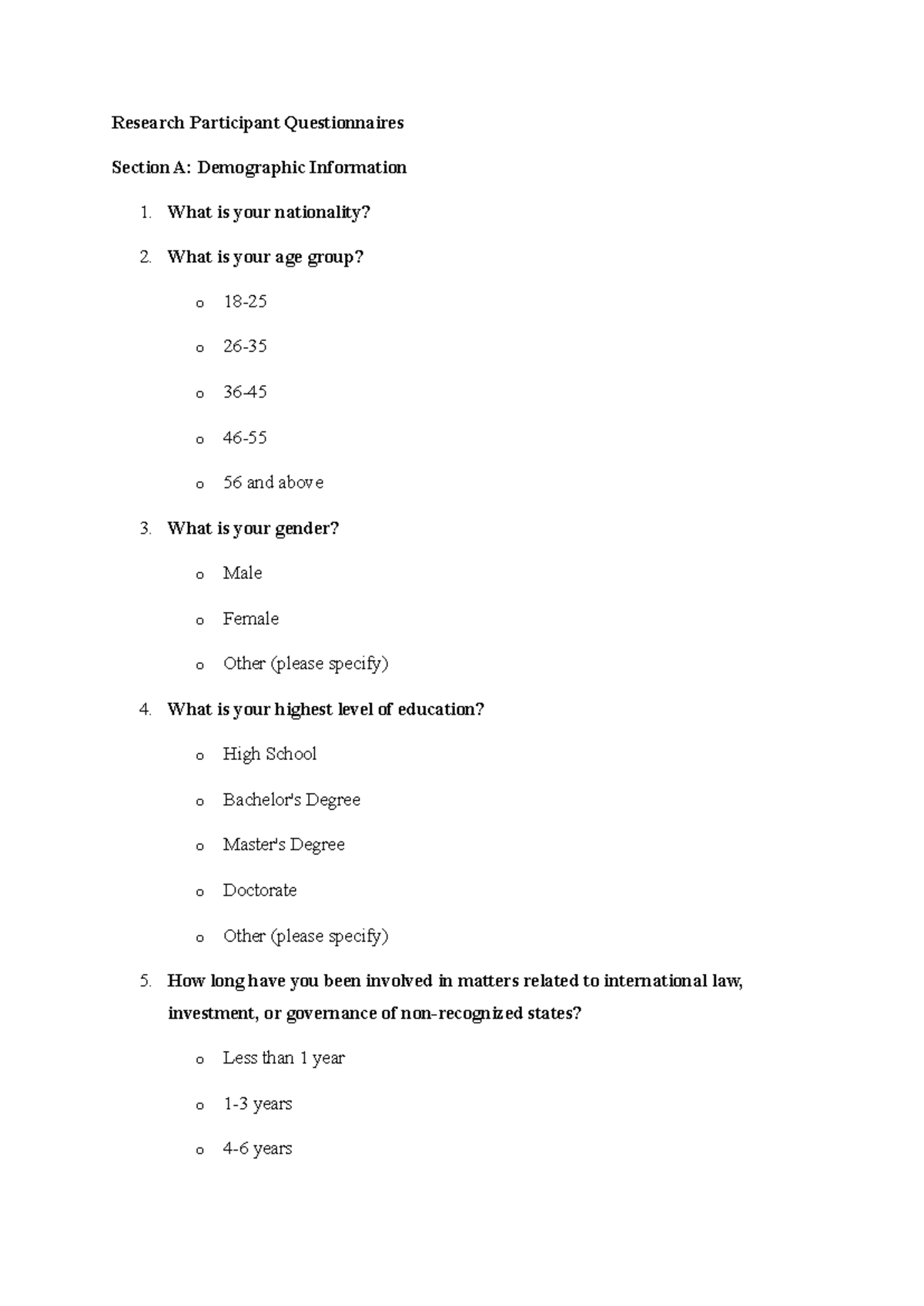 Research Participant Questionnaires by Mawlid - Research Participant ...