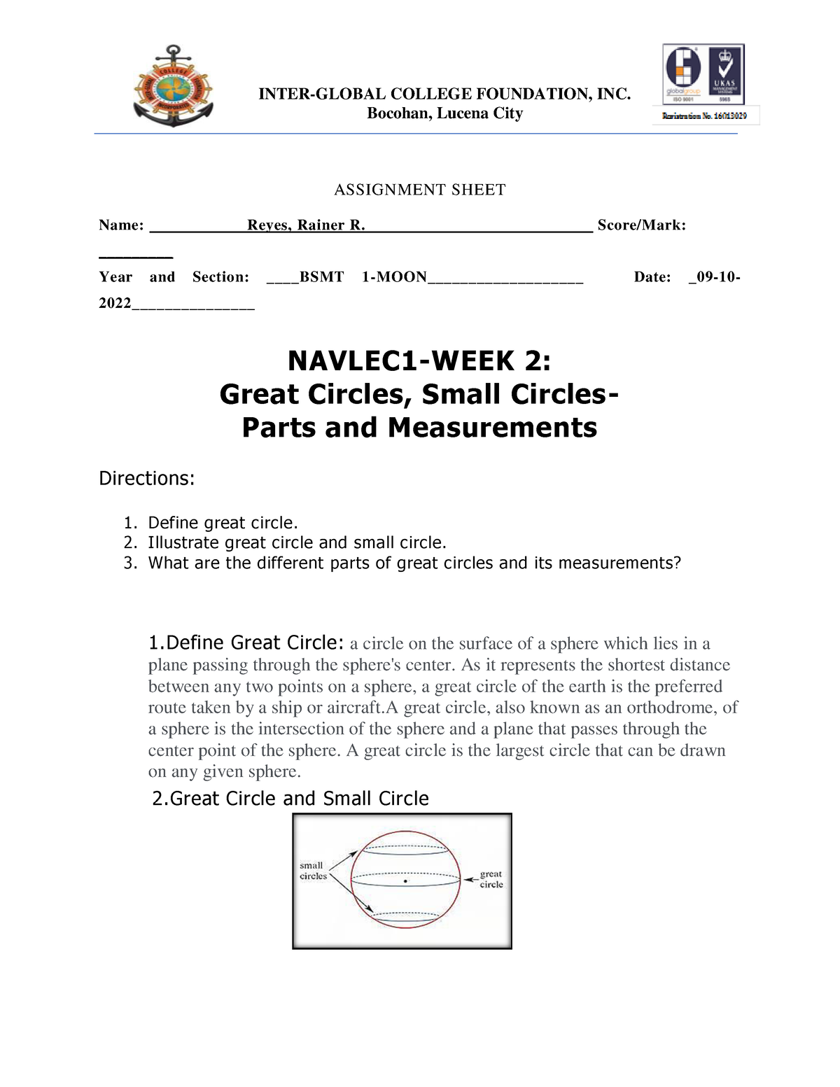 Reyes Navlec Week 2 Chart Projections Great Circle Inter Global