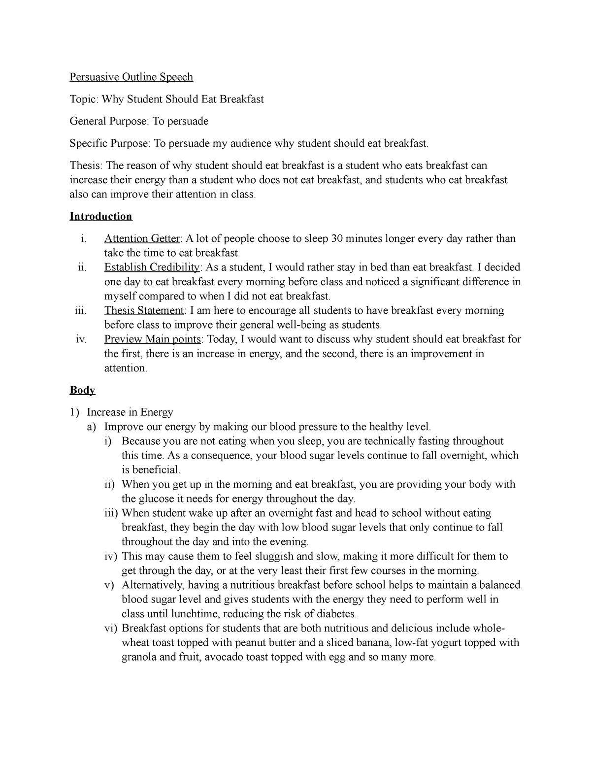 eating breakfast persuasive speech outline