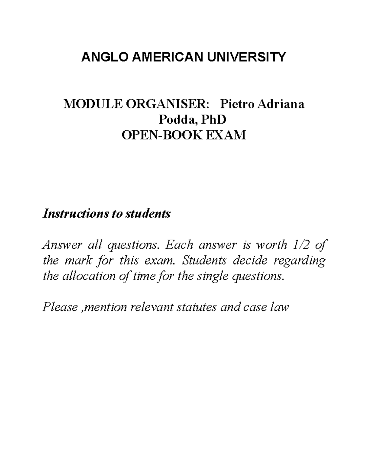 Exam EU Law - Study Centre EU LAW Exam - ANGLO AMERICAN UNIVERSITY ...