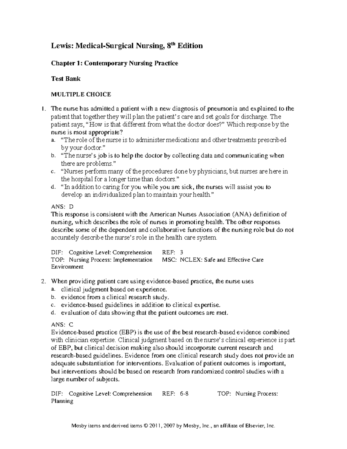 Chapter 001 Lewis MedicalSurgical Nursing, 8th Edition Chapter 1