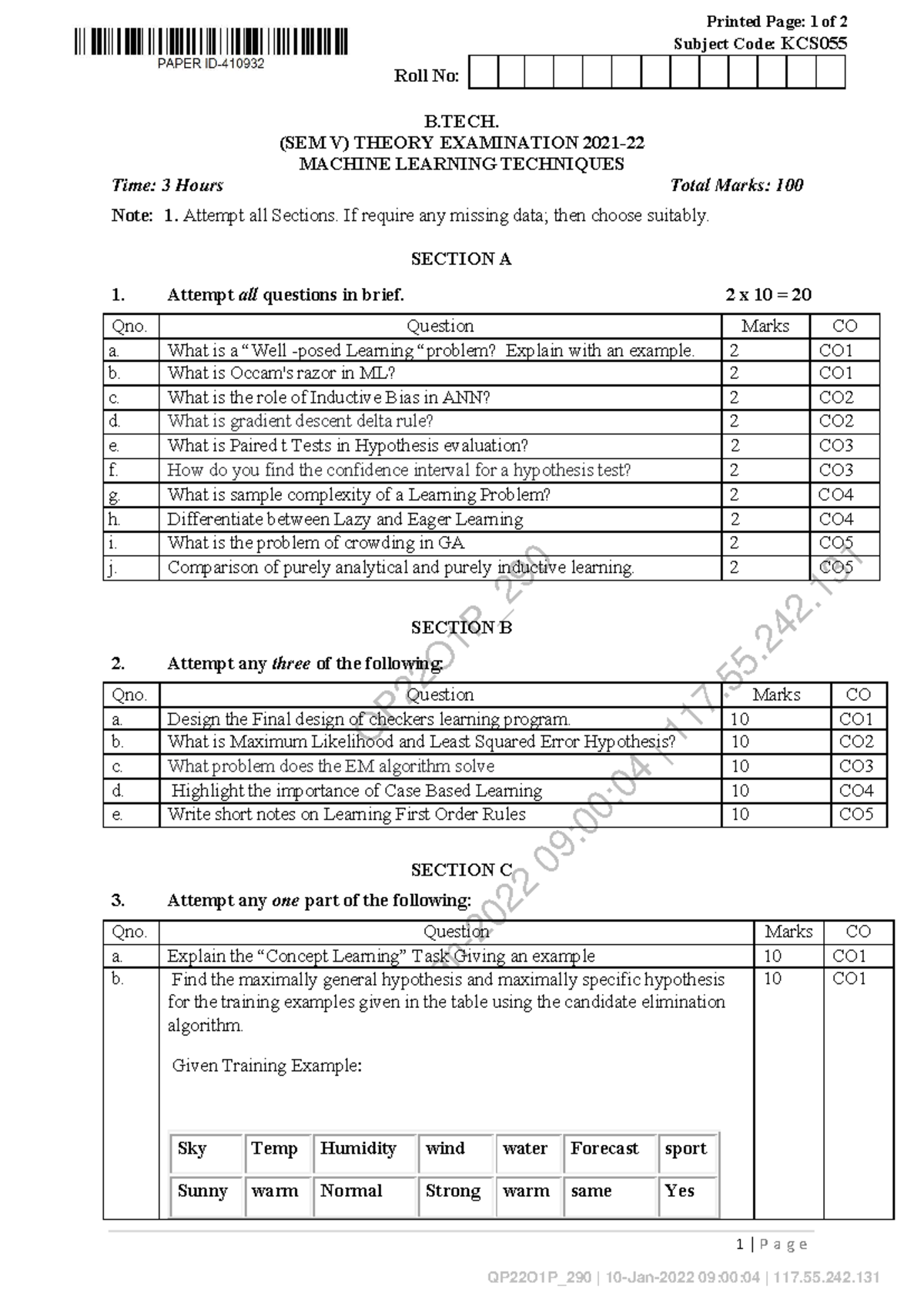 Btech cs 5 sem machine learning techniques kcs055 2022 - QP22O1P_ | 10 ...