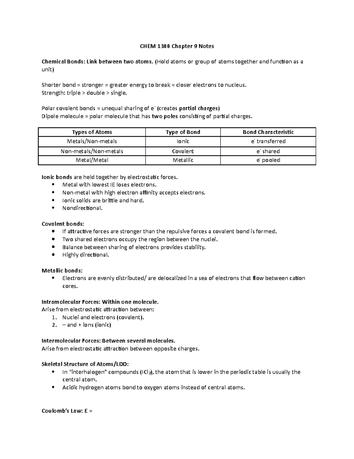 9-CHEM 1300 Notes - CHEM 1300 Chapter 9 Notes Chemical Bonds: Link ...