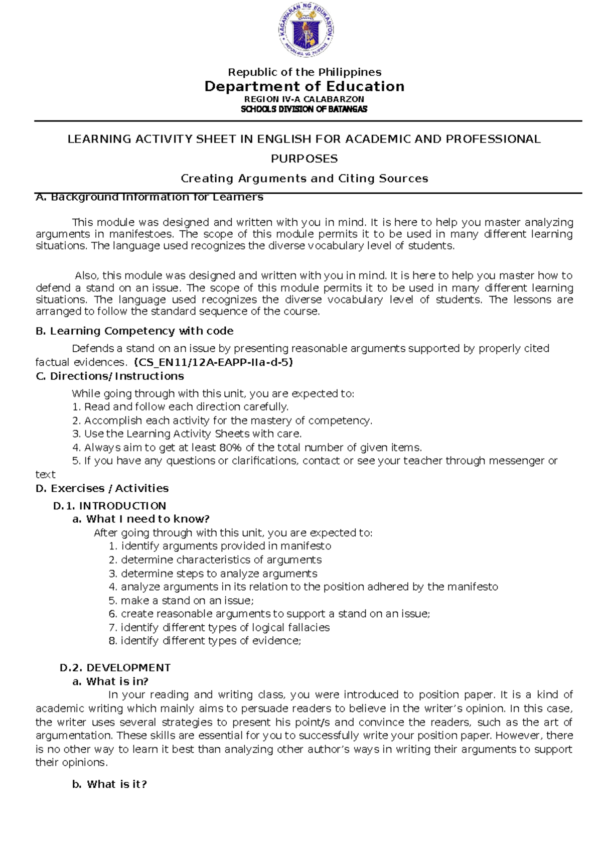 LAS EAPP Lesson-2-Jan-11-15 - Republic of the Philippines Department of ...