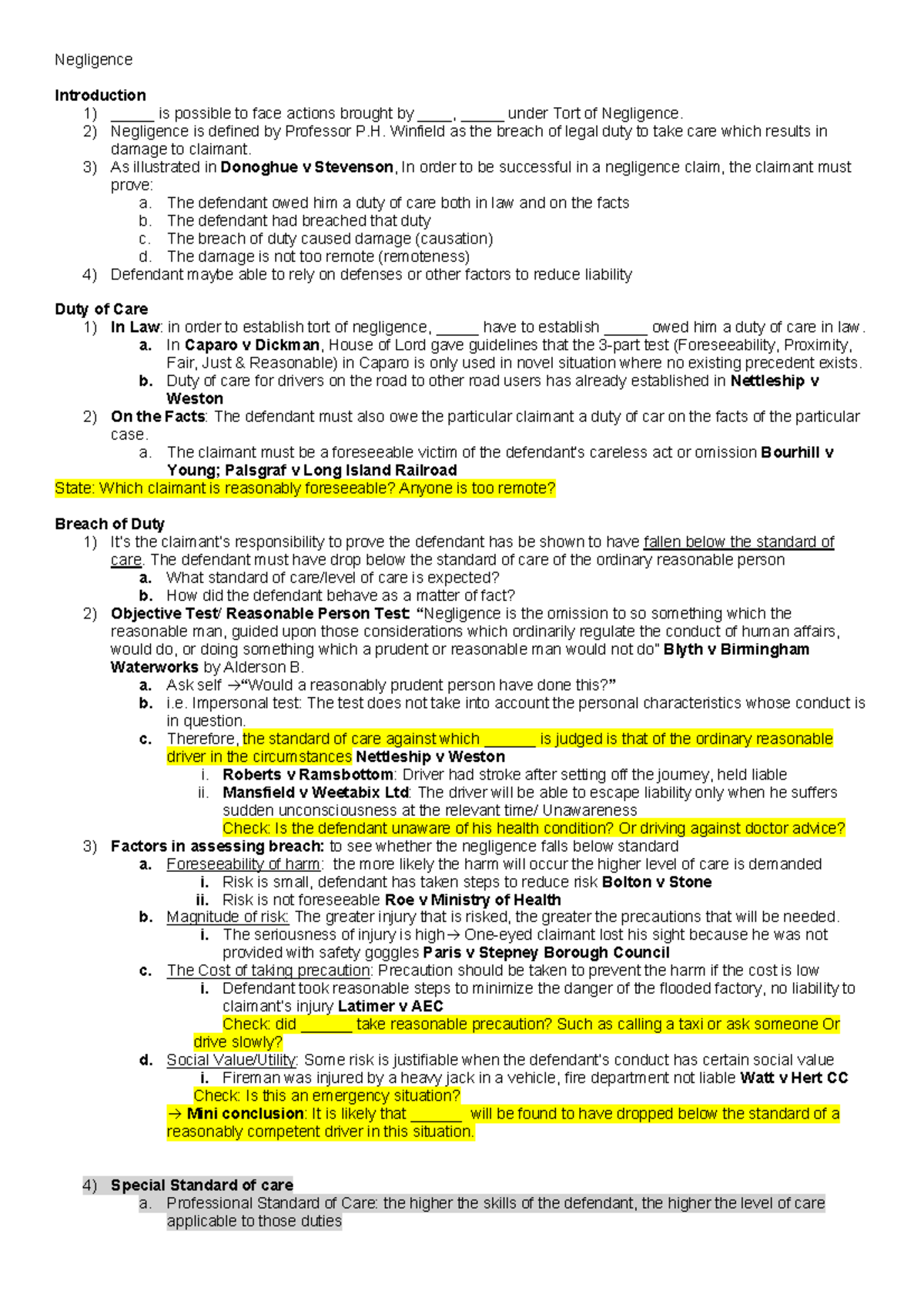 Negligence Exam Note 2019 0514 - Negligence Introduction 1) _____ is ...