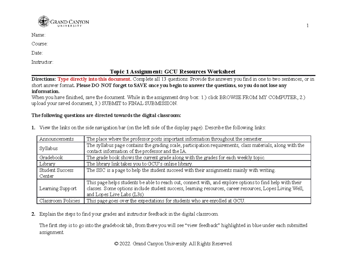 GCU Resources Worksheet Digital Classroom Overview Studocu
