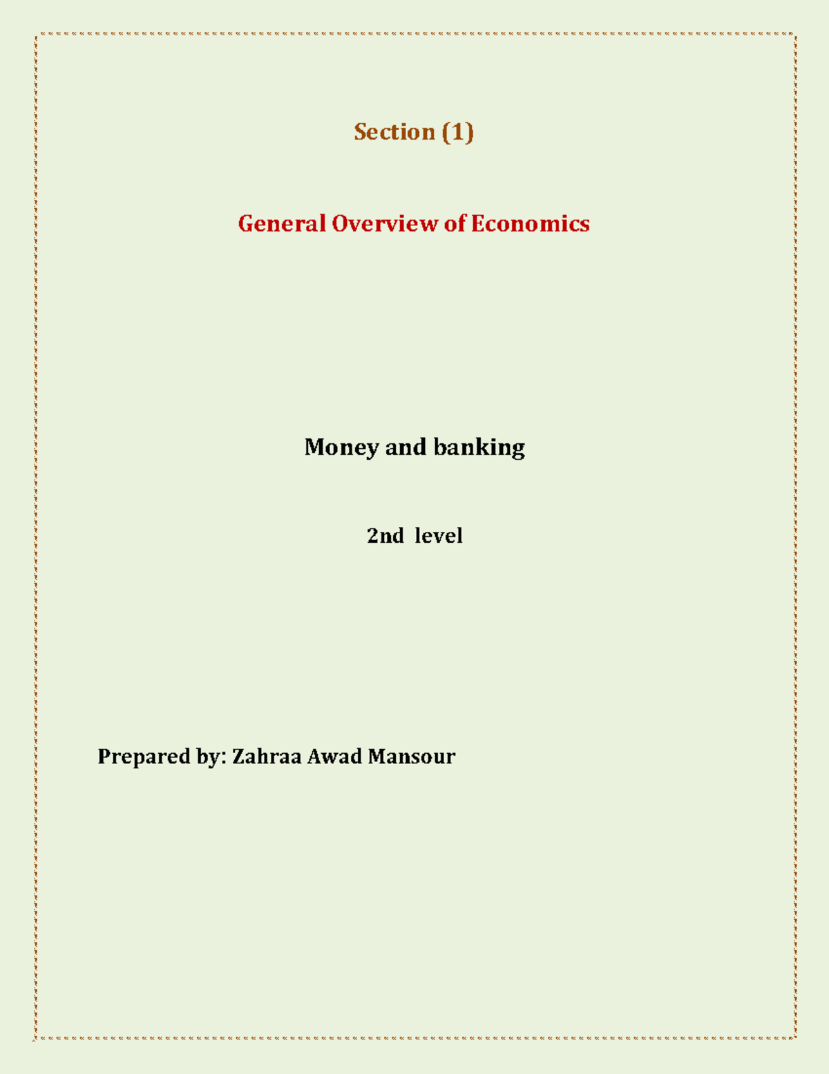 Section 1 Money and banking - Section (1) General Overview of Economics ...