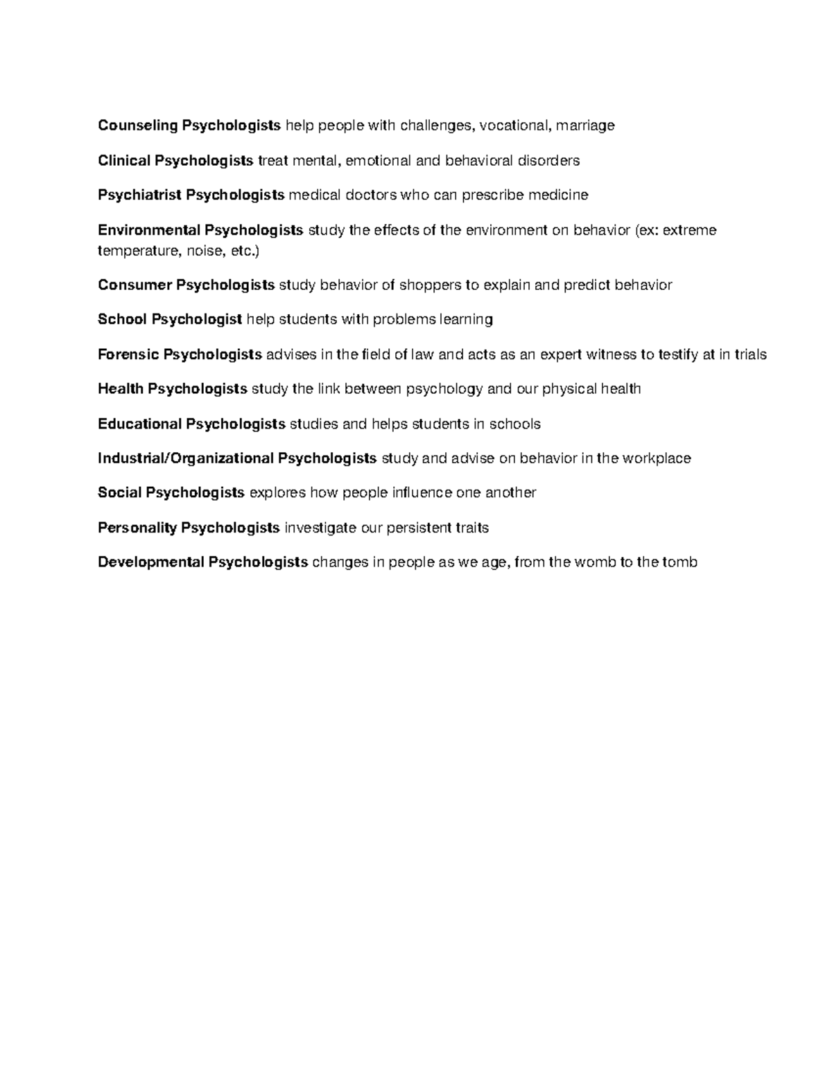 Subfields in Psychology - Counseling Psychologists help people with  challenges, vocational, marriage - Studocu