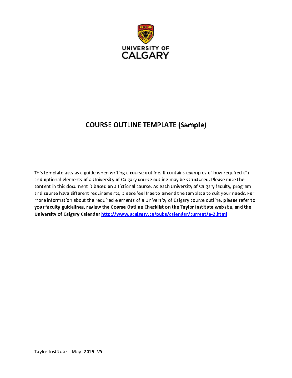 Course Outline Template Sample May 2019 v5 - Taylor Institute _ May ...