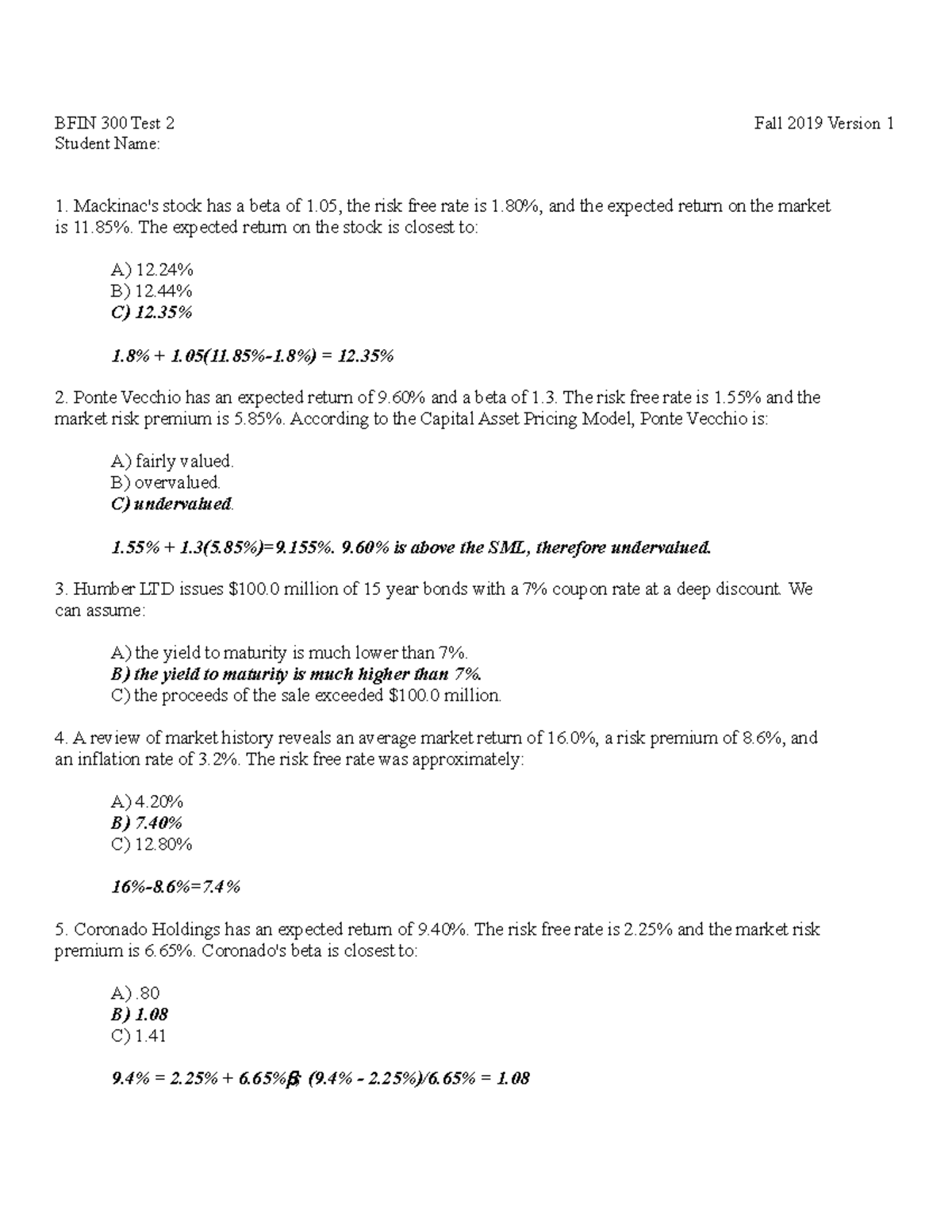 BFIN 300 FA19 Test 2 Guideline Answers - BFIN 300 Test 2 Fall 2019 ...