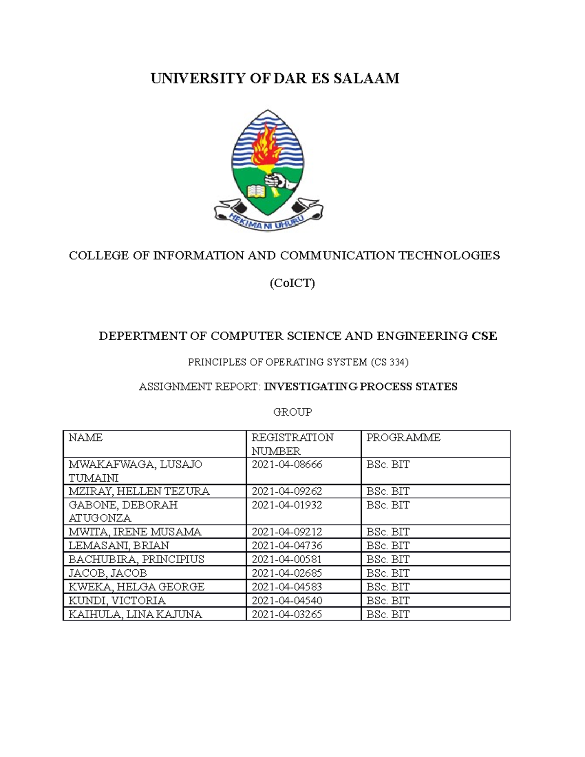 CS 334 Assignment UNIVERSITY OF DAR ES SALAAM COLLEGE OF INFORMATION