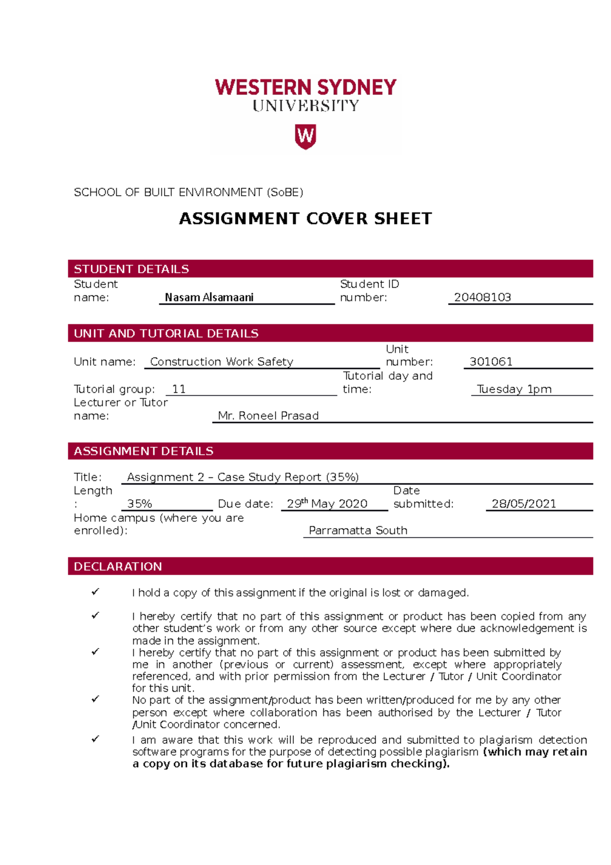 western sydney university assignment cover sheet