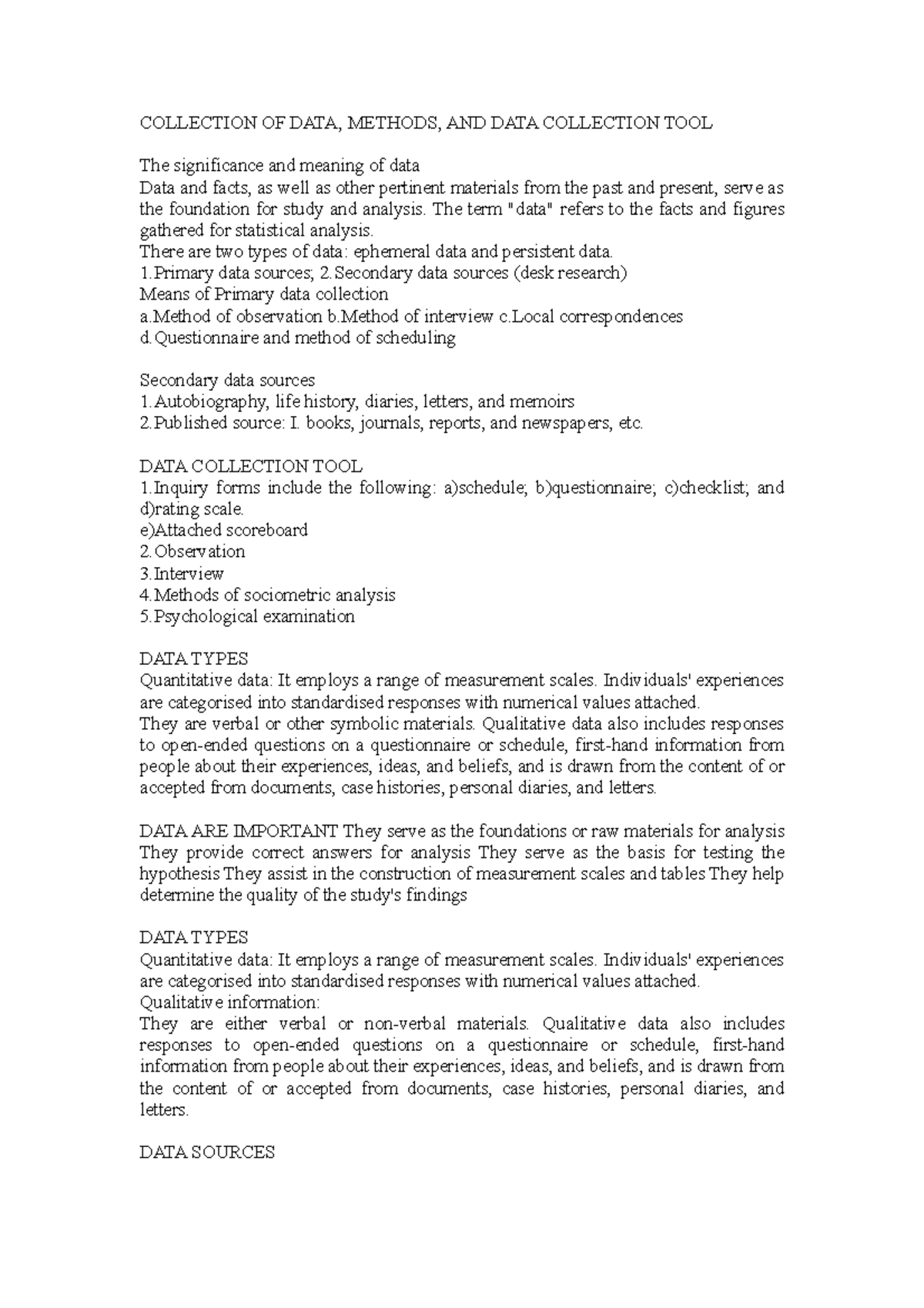 Collection OF DATA - Lecture notes 30-42 - COLLECTION OF DATA, METHODS ...