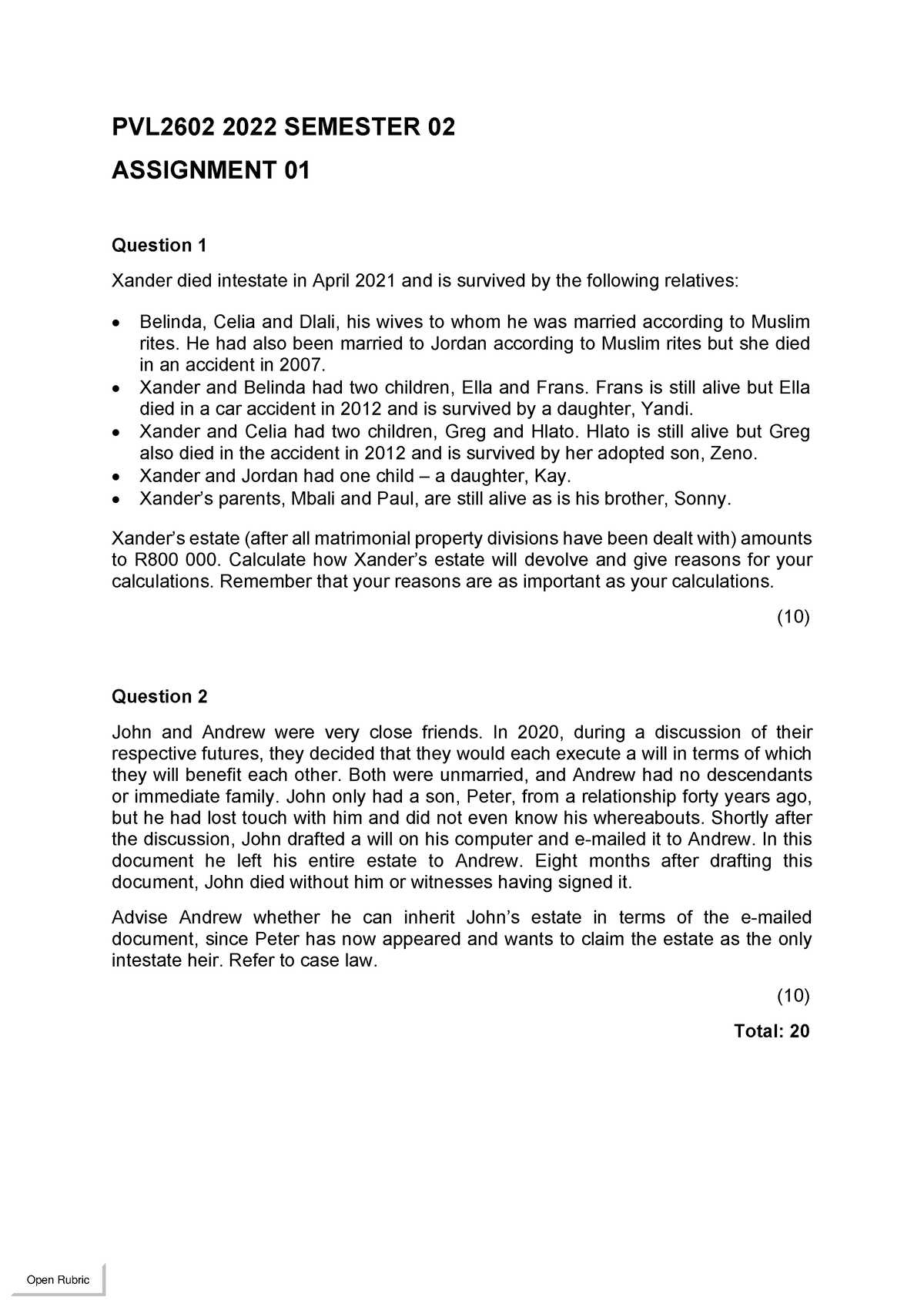 Plv2602 2022 Sem 02 Assignment 1 Pvl2602 2022 Semester 02 Assignment 01 Question 1 Xander Died 