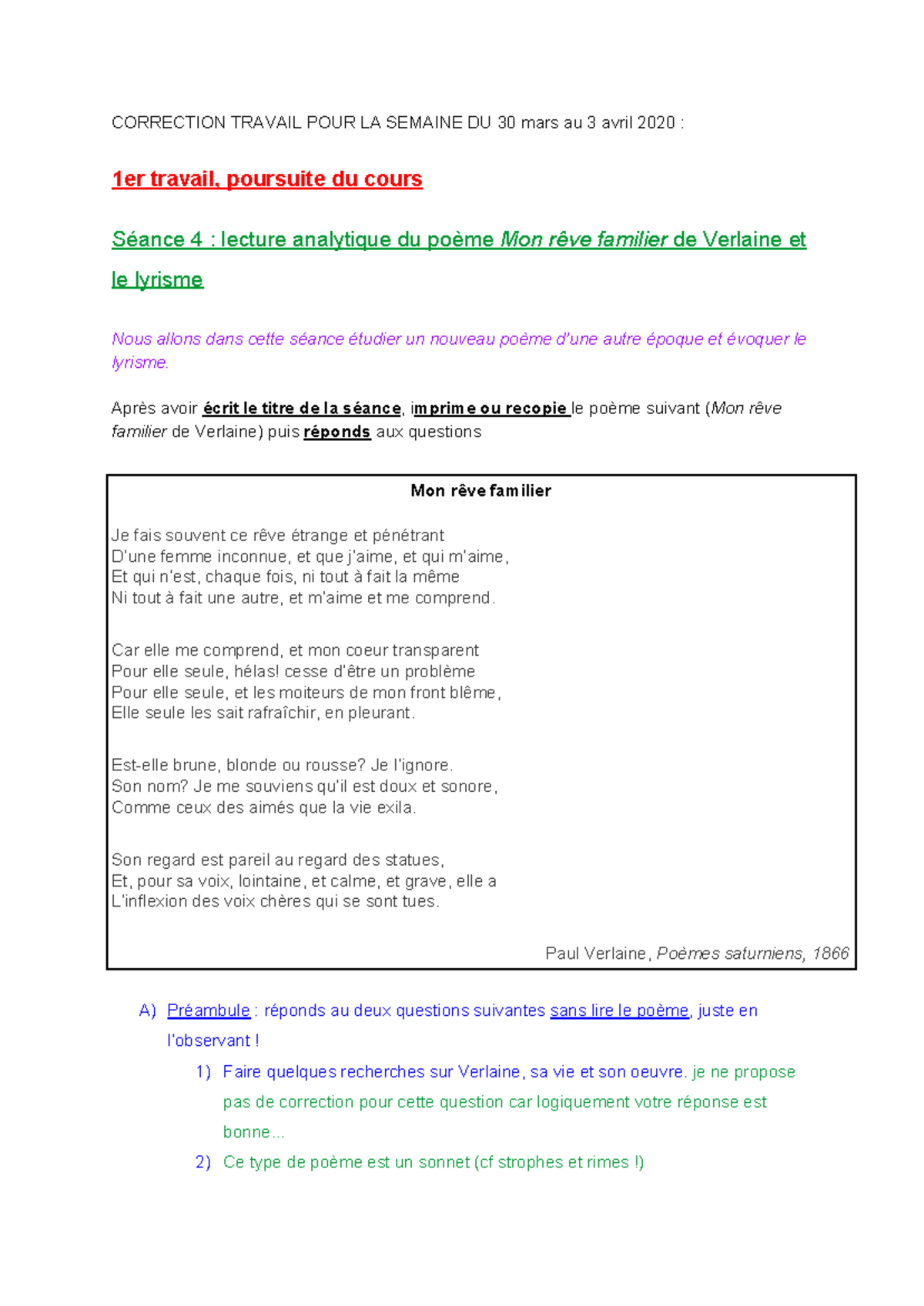 Correction explication lineaire - CORRECTION TRAVAIL POUR LA SEMAINE DU ...