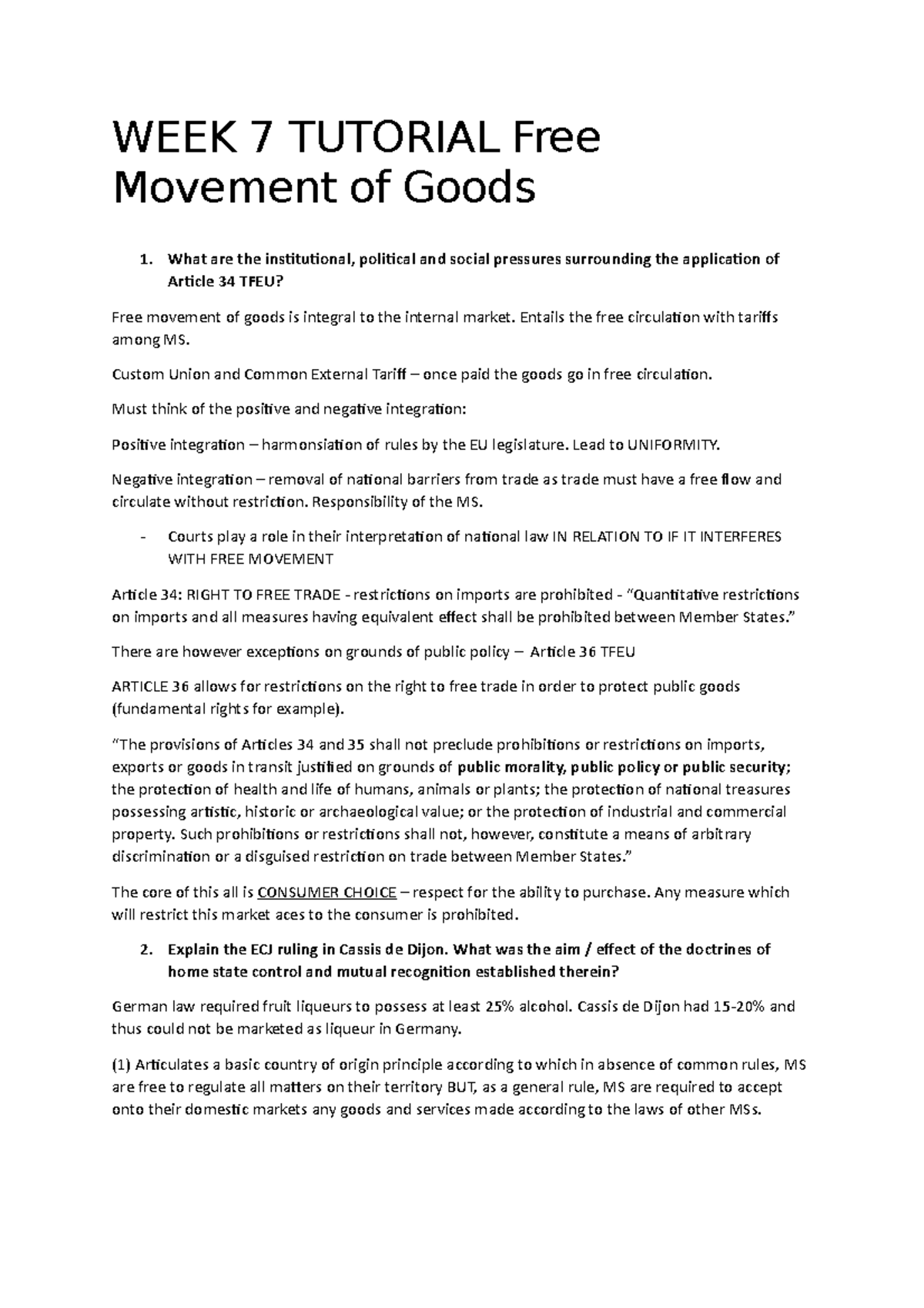 WEEK 7 Tutorial Free Movement of Goods WEEK 7 TUTORIAL Free Movement