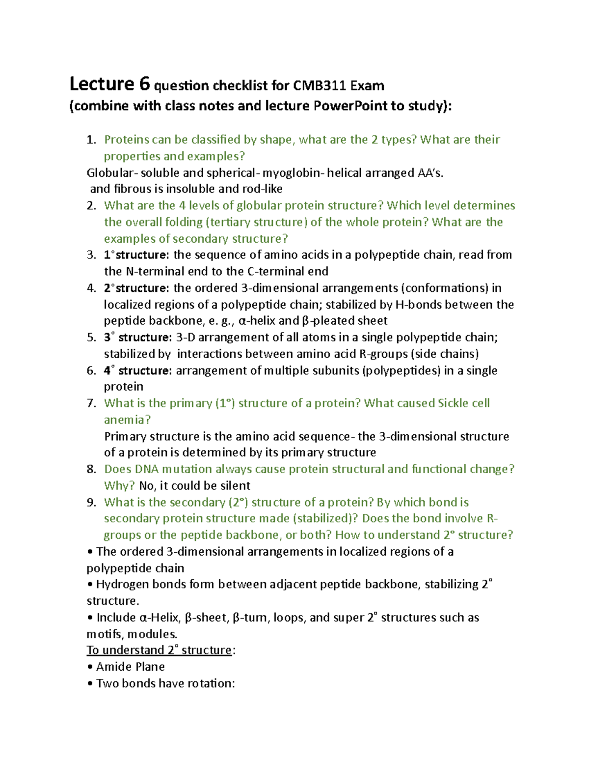 CMB311 Lecture 6 Protein structure denaturation refolding Lecture 6