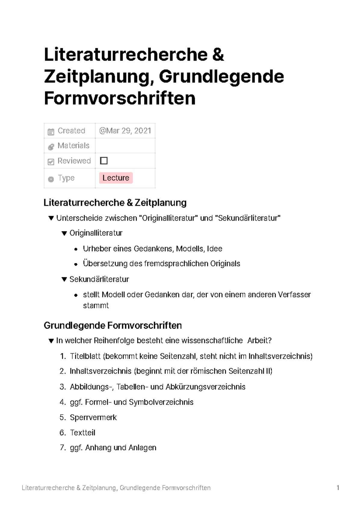 Literaturrecherche Zeitplanung Grundlegende Formvorschriften ...