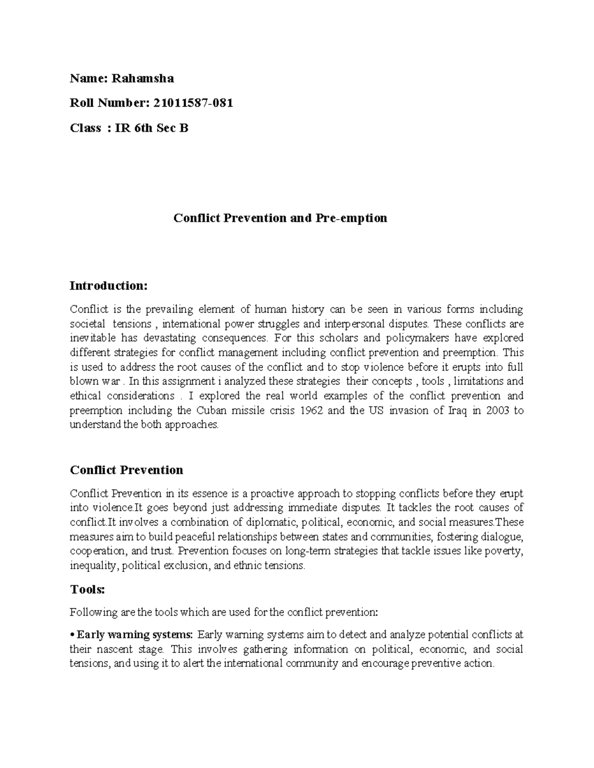 Conflict management assignment-2 - Name: Rahamsha Roll Number: 21011587 ...