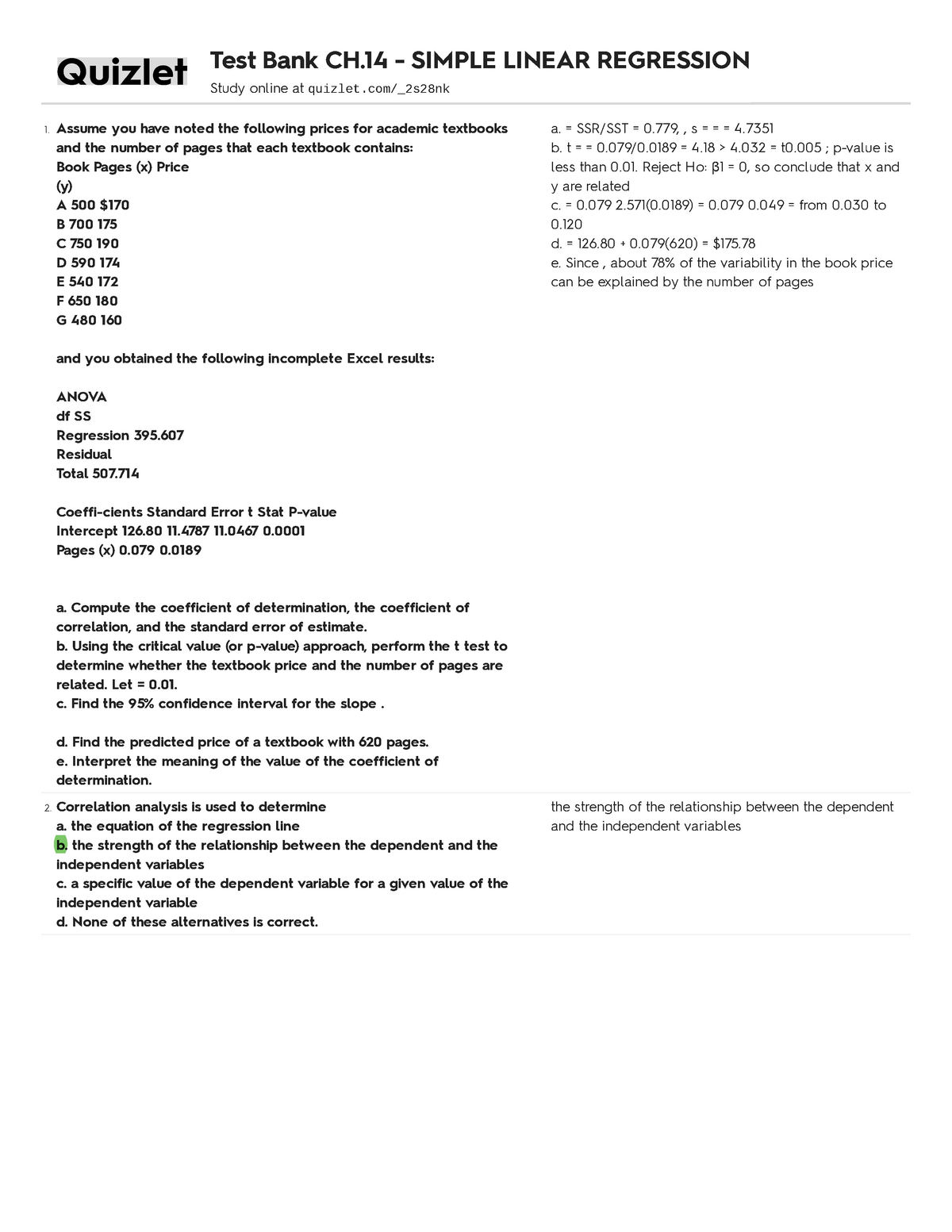 Test Bank Ch 14 Simple Linear Regression Studocu