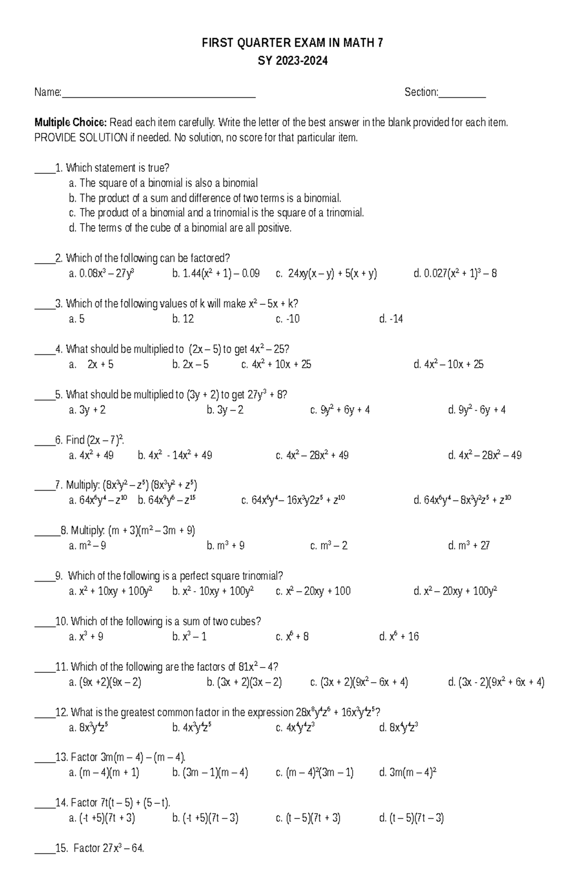 MATH 7 1ST Q EXAM - exam - FIRST QUARTER EXAM IN MATH 7 SY 2023- - Studocu