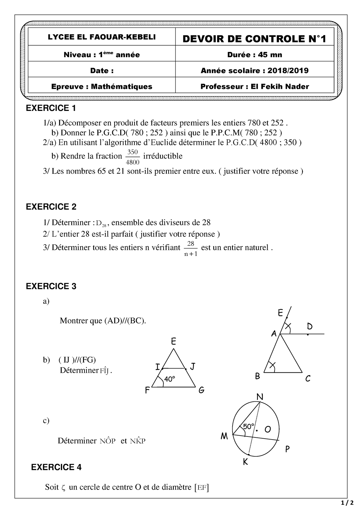 Devoir De Controle N1 Premiere - ####### 1 / 2 B C E.. A D . . . E F G ...