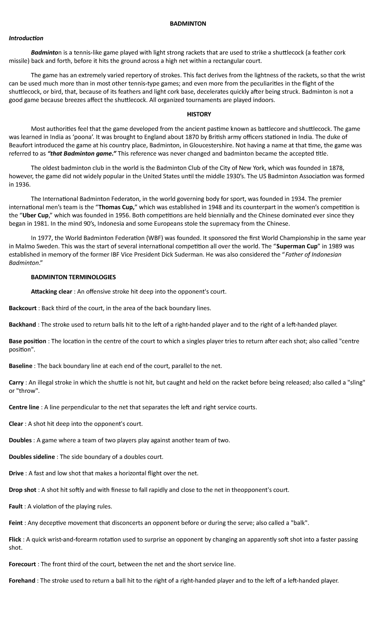 Badminton Summary - CAN HELP - BADMINTON Introduction Badminton is a ...