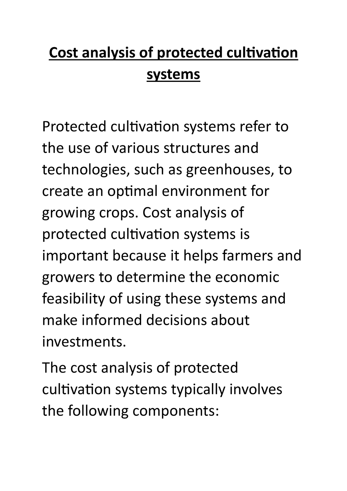 Cost Analysis Of Protected Cultivation Systems 1 - Cost Analysis Of ...