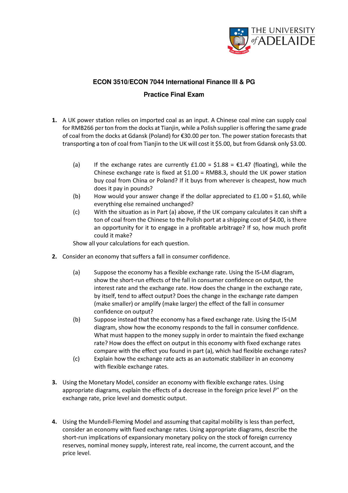 Practice Final Exam - ECON 3510/ECON 7044 International Finance III ...