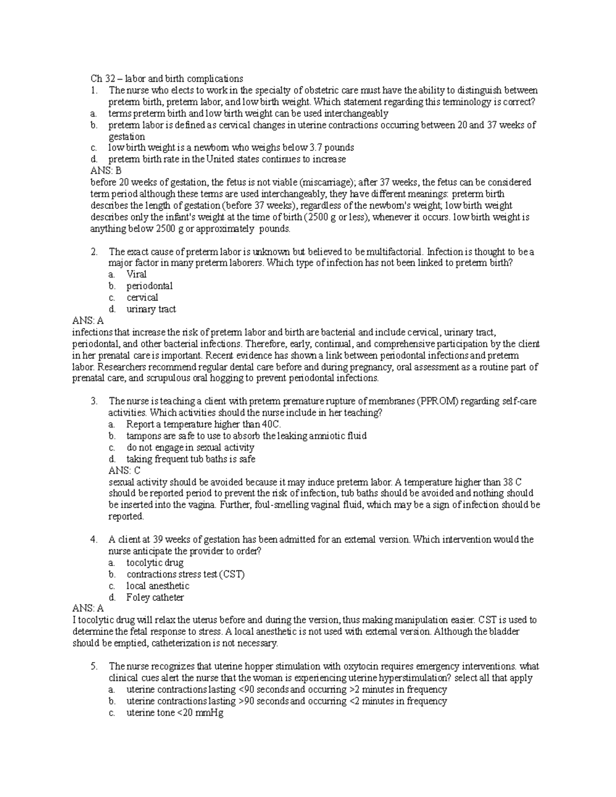 Ch 32 - END of life care - Ch 32 – labor and birth complications The ...