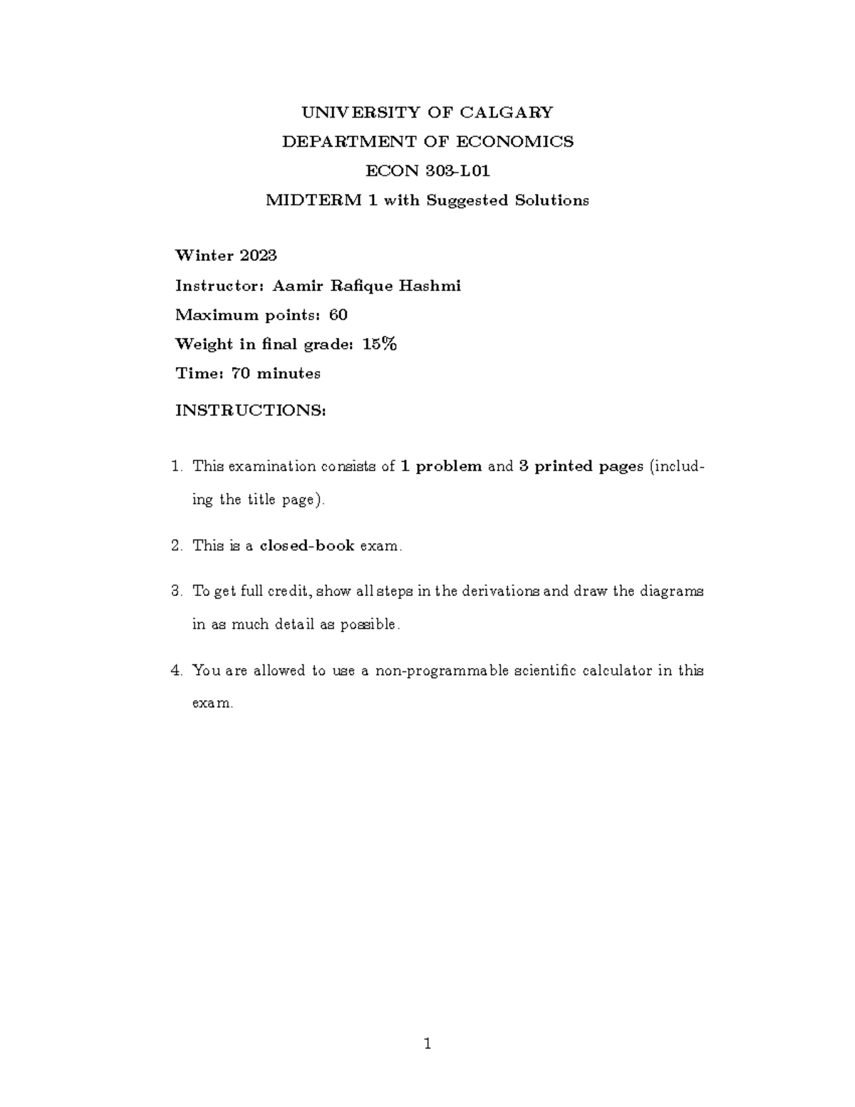 2023W ECON303L01 midterm 1 sol - UNIVERSITY OF CALGARY DEPARTMENT OF ...