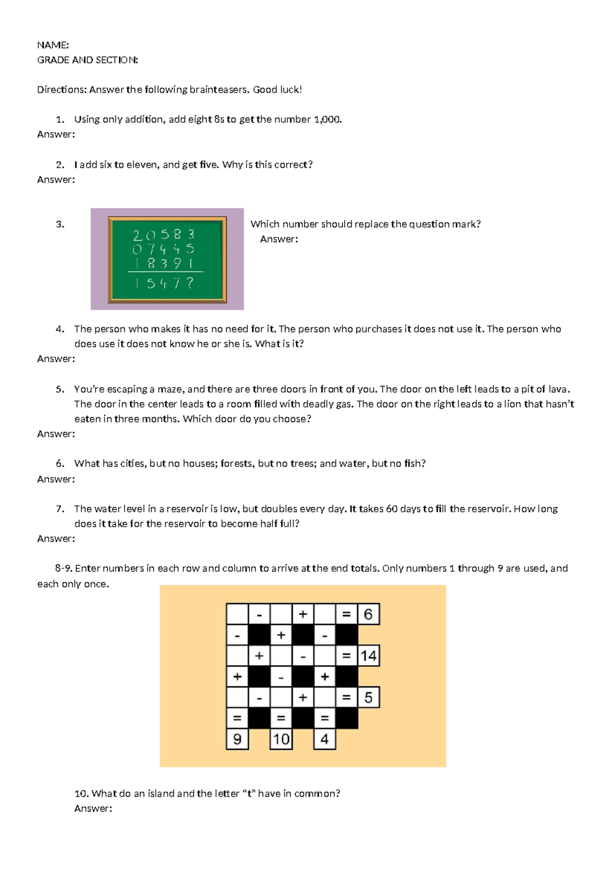 Brainteasers - math - NAME: GRADE AND SECTION: Directions: Answer the ...