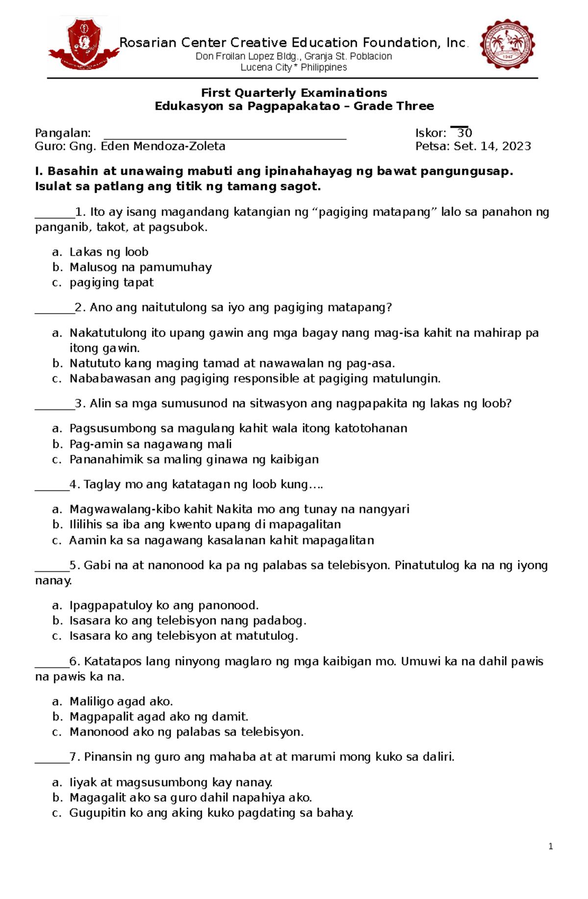 Summative Test ESP3 Don Froilan Lopez Bldg., Granja St. Poblacion