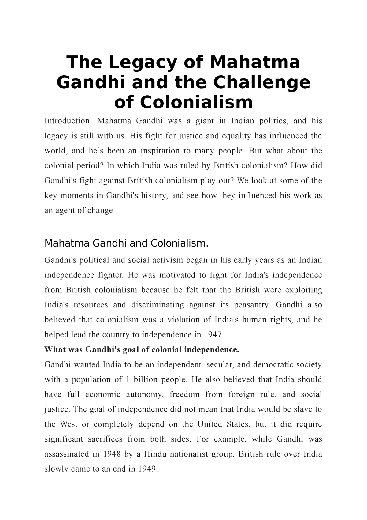 legacy of mahatma gandhi essay