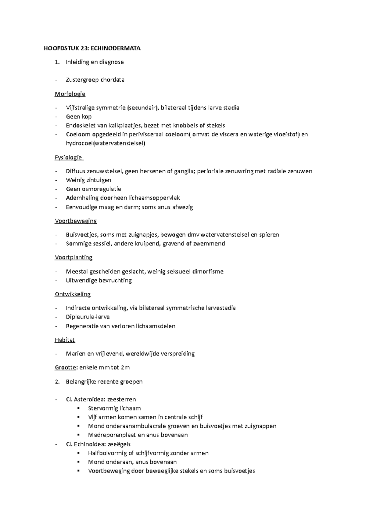 Dierkunde H23 - HOOFDSTUK 23: ECHINODERMATA Inleiding En Diagnose ...