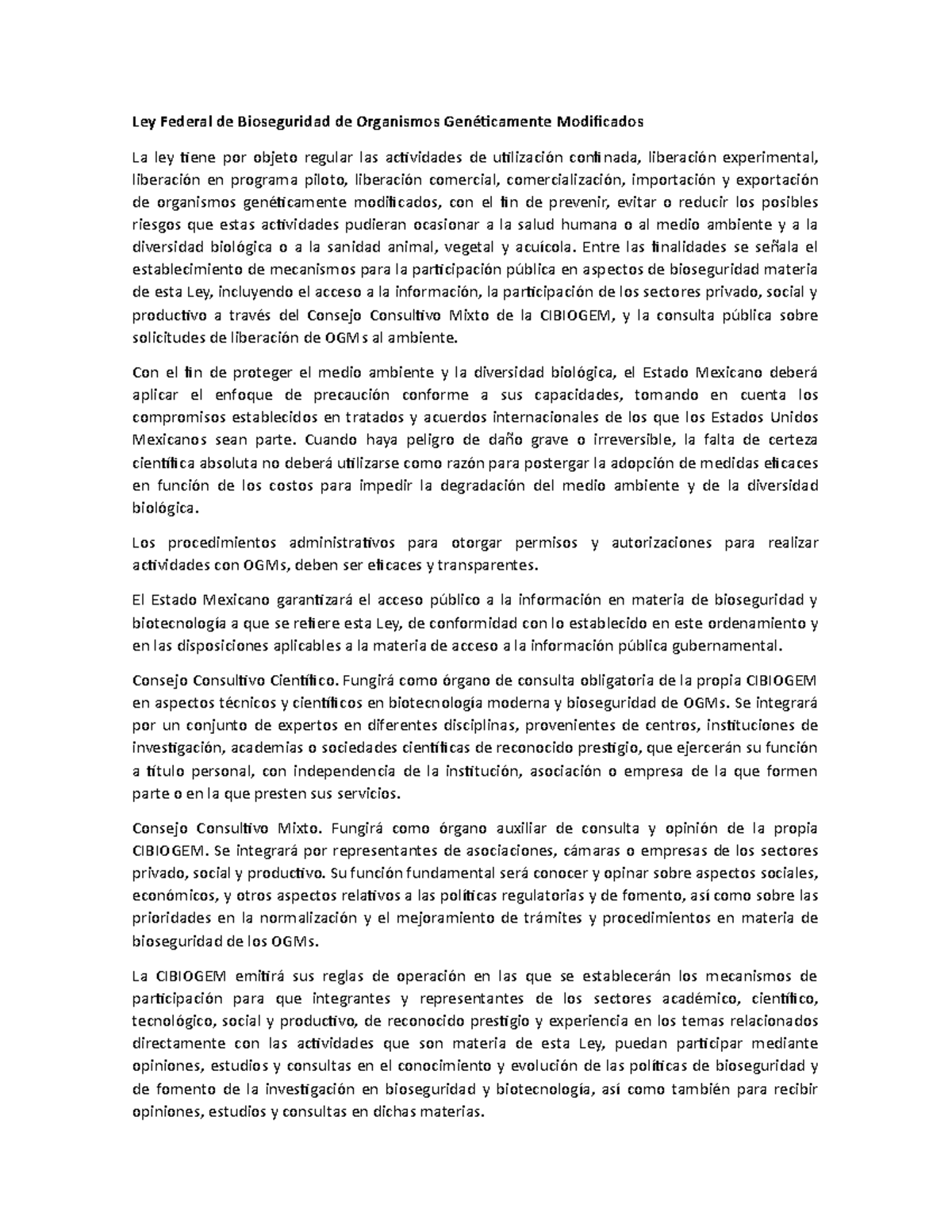 Ley Federal de Bioseguridad de Organismos Genéticamente Modificados