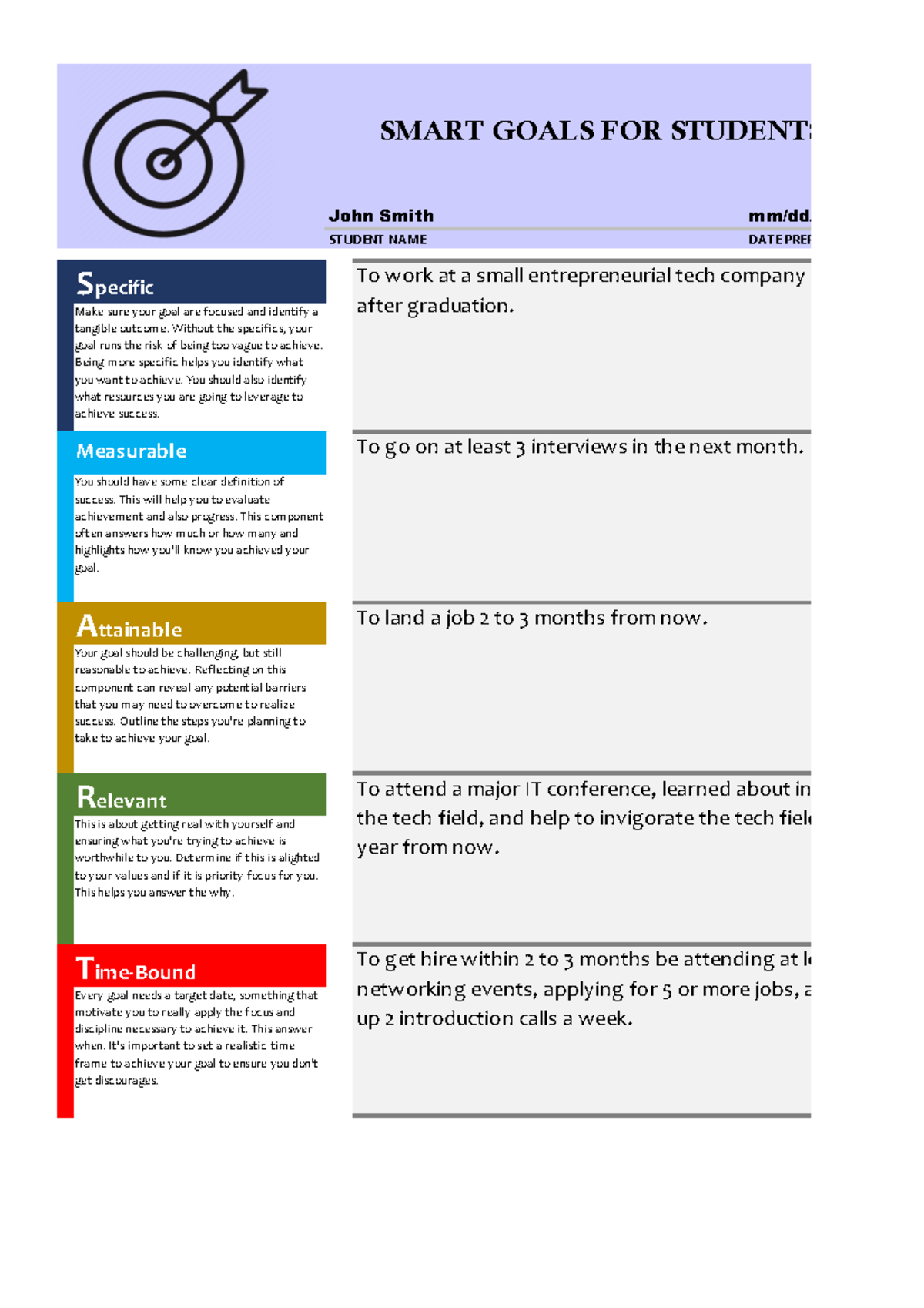 Smart Goals (Students) - Template Lab - STUDENT NAME DATE PREP Specific ...