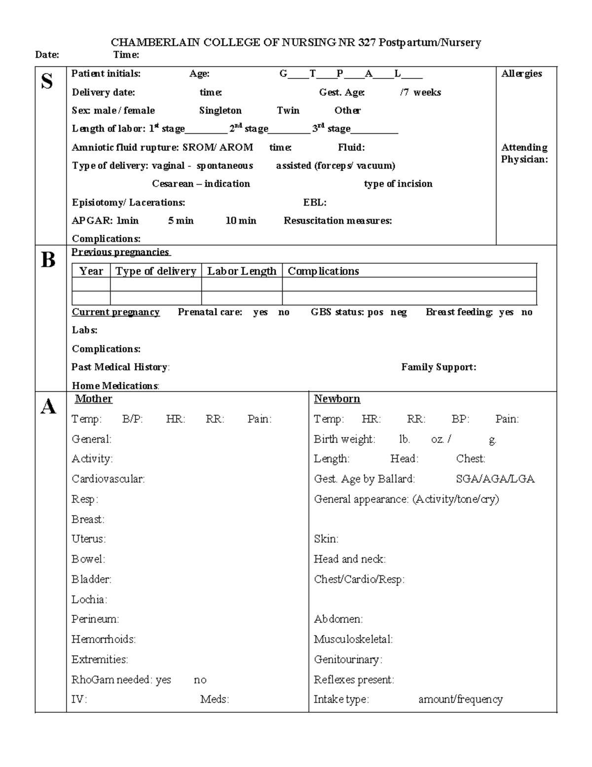 NR 327 Postpartum.Newborn SBAR - CHAMBERLAIN COLLEGE OF NURSING NR 327 ...