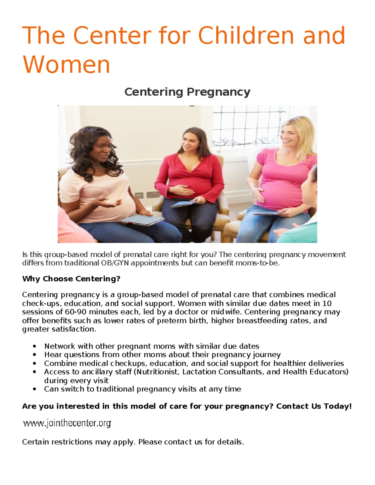 HSA 300 Week 9 Assignment FlyerCentering Pregnancy The Center for